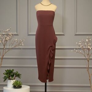 RICKI’S NWT MAUVE STRAPLESS DRESS WITH A CASCADING RUFFLE SLIT/ Size 8